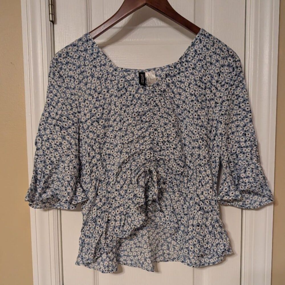 H&M Blue Floral Print Drawstring Front Blouse